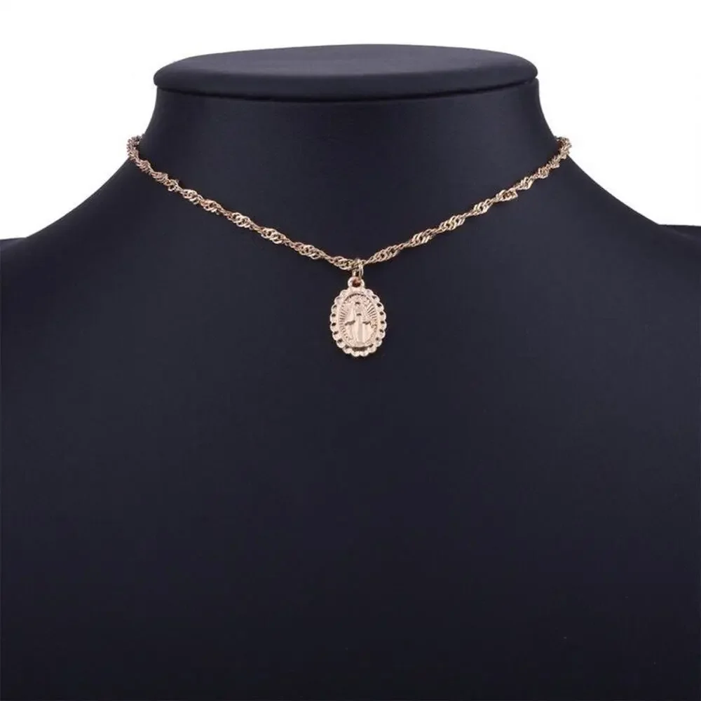 Miraculous Medal Religious Cross Gold Alloy Necklace Set - 2 Piece - Picture 4 of 8